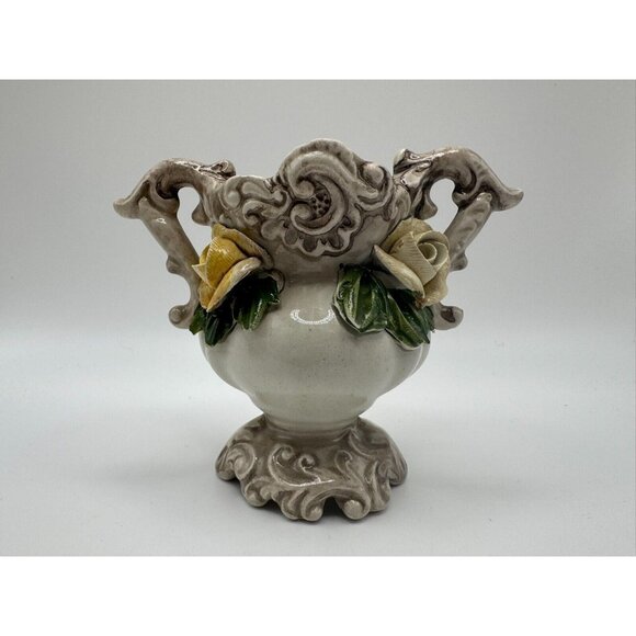 Vintage Signed Bassano Made in Italy Vase Yellow Roses 3D 3.5" tall - Picture 1 of 16